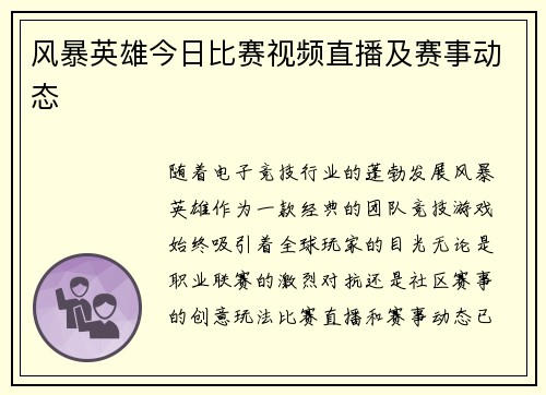 风暴英雄今日比赛视频直播及赛事动态